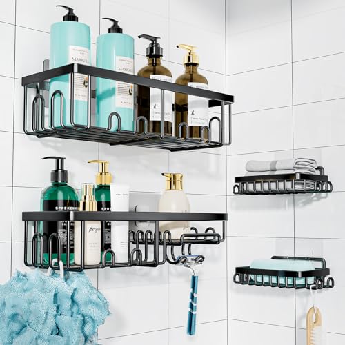 HapiRm Shower Caddy 4 Pack, Shower Organiser Shelf No Drilling, Adhesive Shower Shelves No Drill and Drillable Shower Basket, 2 Shower Shampoo Holder + 2 Shower Soap Holder
