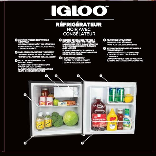 Igloo 1.6 Cu.Ft. Compact Refrigerator - Adjustable Thermostat, Glass Shelves, Includes Scraper, Ice Cube Freezer Drip Tray - Black - Image 5