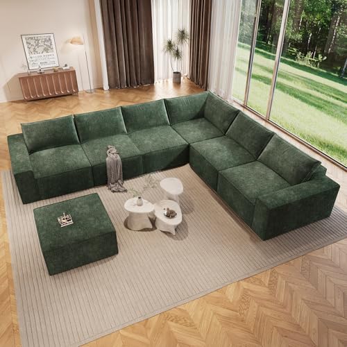 Image of Vesgantti 143.7 inch Oversized Boneless Couch, Modern 7 Seater Modular Sectional Sofa with Deep Seat, Convertible Chenille Cloud Couches for Living Room, No Assembly Required, Green
