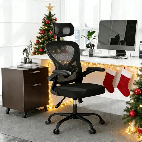 Silla de oficina ergonómica con reposabrazos abatibles 90° y soporte lumbar, silla giratoria de altura ajustable, silla acolchada para ordenador con cojín grueso para oficina en casa y negocio, color