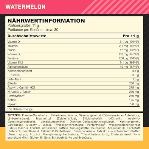 Optimum Nutrition Gold Standard Pre-Workout Energy Drink Pulver, Geschmack Wassermelone, 330g, 30 Portionen