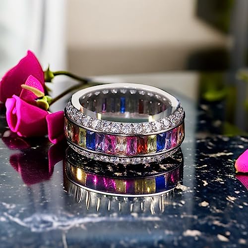 14K Gold Plated Multicolor Baguette Cut Gemstone Sterling Silver Ring Eternity Bands for Women Size 6-122