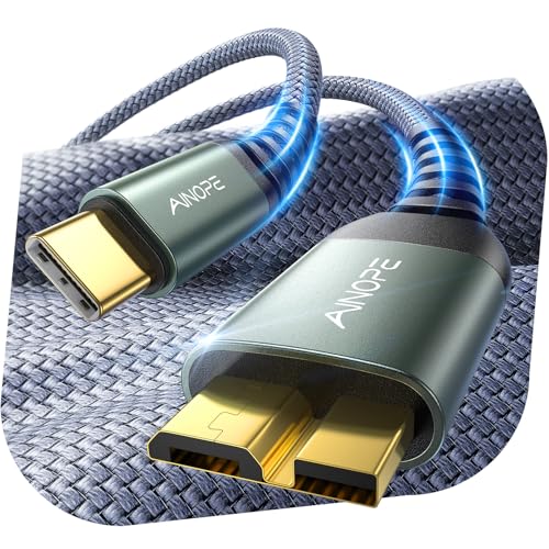 AINOPE External Hard Drive Cord 10Gbps Micro B to USB C External Hard Drive USB C to Micro B Cable Nylon Braided for MacBook Air/Pro, Seagate, WD Toshiba, SSD, iPhone, iPad, Camera, 1.6FT, Grey