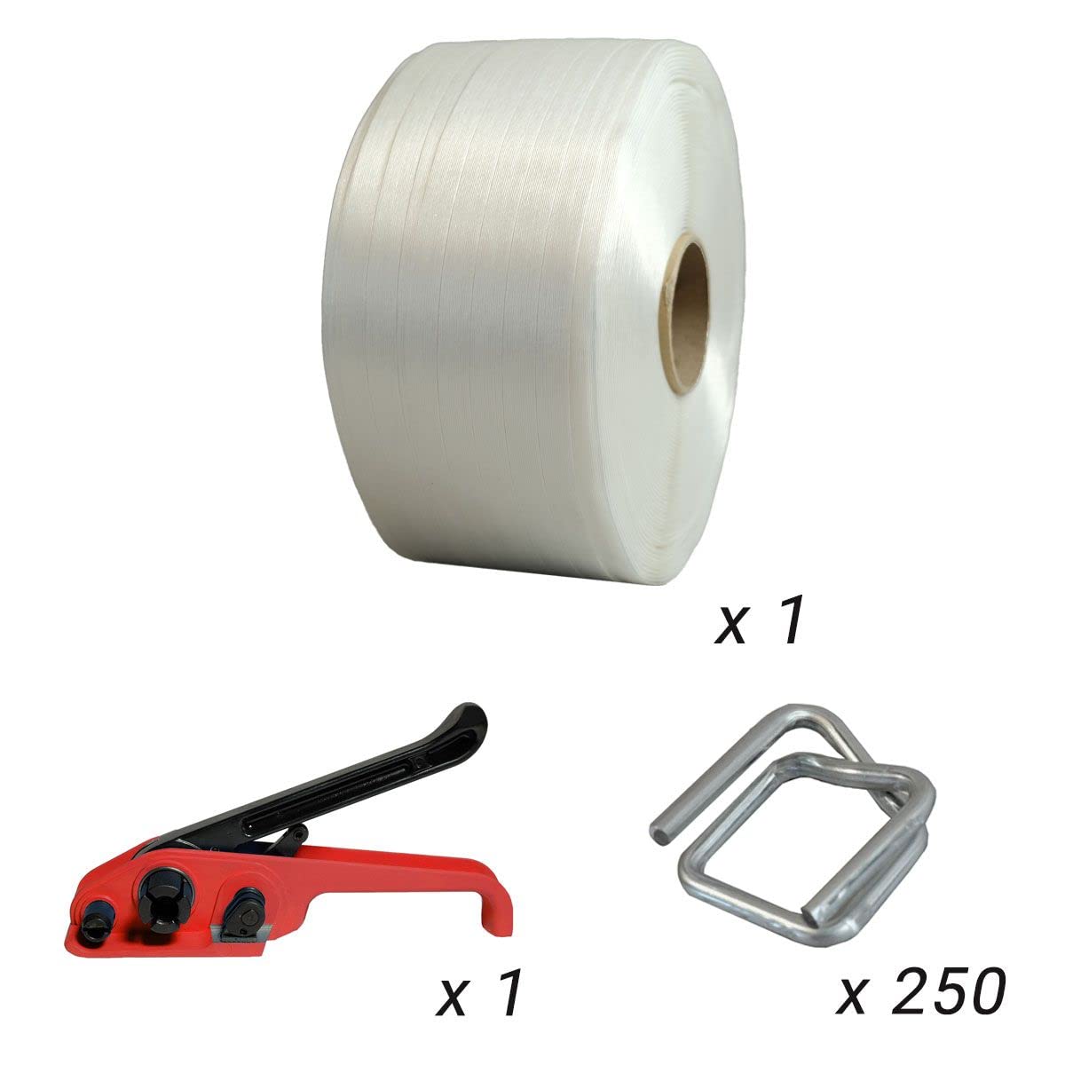 TECPLAST Kit 1 Feuillard de cerclage fil à fil KFF1 19 mm x 600 m + 250 boucles OFFERTES + 1 tendeur - Résistance 550kg