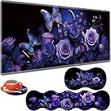 ZHUHEHEAH 大型ゲーミングテーブルパッド 31.5インチ x 11.8インチ + キーボードリストパッド + マウスリストパッド + コースター ノンスリップベース 4イン1セット、人間工学に基づいたメモリーフォーム、タイピングの痛みの緩和、パープルローズと蝶