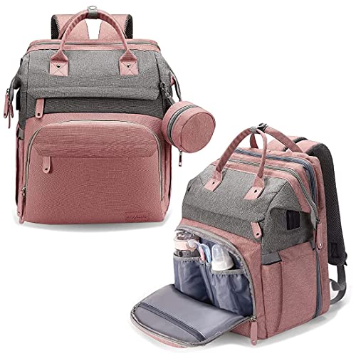 Image of DERJUNSTAR Diaper Bag Backpack, Pink, 16.5" x 8" x 12" inch, 19 pockets, waterproof, USB charging port