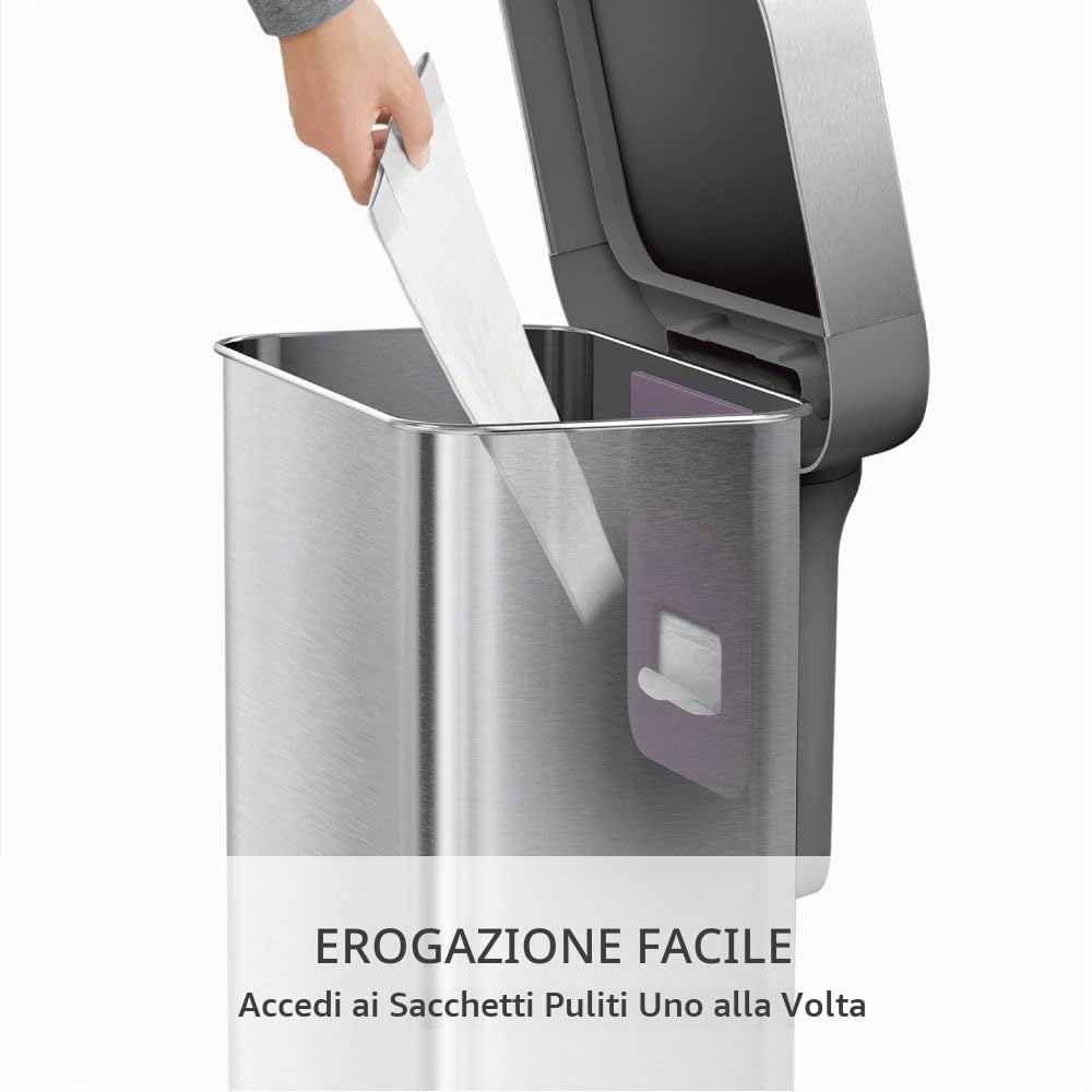simplehuman CW2023 cestino rettangolare con pedale e porta sacchetti, pattumiera da cucina, acciaio inox spazzolato, 55 L