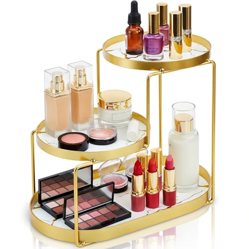 YIMITEE Organizador de maquillaje para tocador, organizador de encimera de baño de 3 niveles, bandeja de metal para encimera de perfume, estante de almacenamiento de cosméticos para decoración del