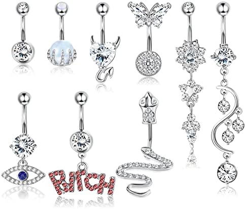 Kakonia 14G Belly Button Bars Dangly Surgical Steel Belly Barss for Women Cute Evil Eye Letter Snake Butterfly Belly Piercing Navel Piercing Jewellery Set