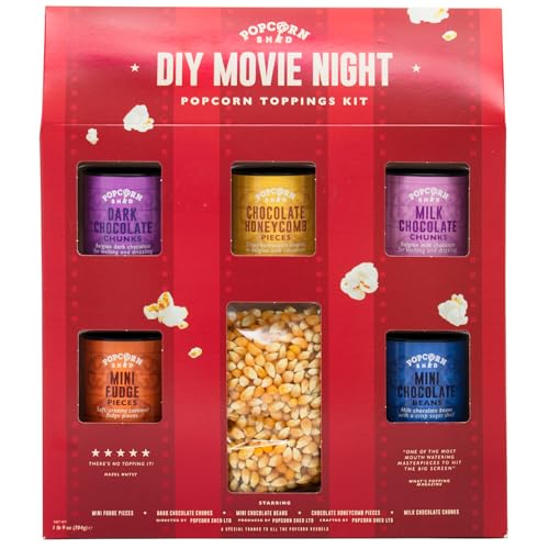DIY Filmabend Popcorn Toppingset, eigenes Popcorn herstellen, fünf leckere Popcorn-Toppings + 500 g Popcornmais, Spaß für Kinder, Erwachsene und gesellige Abende