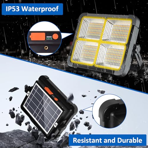 MASMEJOR 100W LED Baustrahler Akku mit Solar 10000LM Tragbare Arbeitsleuchte, 12000mAh LED Strahler Akku, 4 Lichtmodi, Campinglampe Tragbar Ideal für Camping, Arbeit, Angeln, Garage
