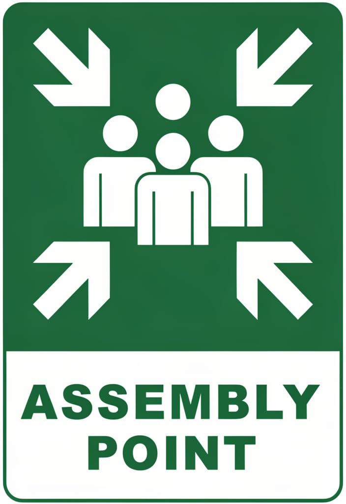 peiyeety Assembly Point Tin Sign 12x8 Inch, Green & White Safety Meeting Area Metal Wall Decor, Emergency Muster Point Poster Plaque for Office, Warehouse, School, Home Garage Gift
