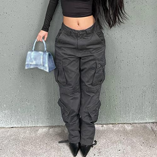XUETON Baggy Cargo Pants for Women Teen Girls High Waist Straight Wide Leg Jeans Y2K Fashion Cargo Jeans E-Girl Streetwear(Dark Gray,X-Large)2