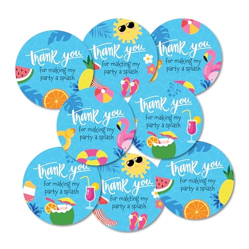 Image of Beach and Swimming Pool Theme Thank You Party Stickers, 40 Count, 2 Inches, Round, 4 Unique Designs, Matt-Finish Paper