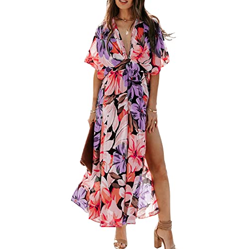 Image of Women's Floral Print Boho Dress Side Split Deep V Neck Short Sleeves Maxi Dress A-Line Flowy Maxi Dresses