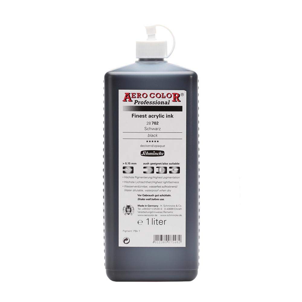 Schmincke - Aero Color® Professional, Schwarz, 1000 ml, 28 702 029, feinst-flüssige, farbstarke Acrylfarbe für Acrylmalerei, Airbrush, Mixed Media