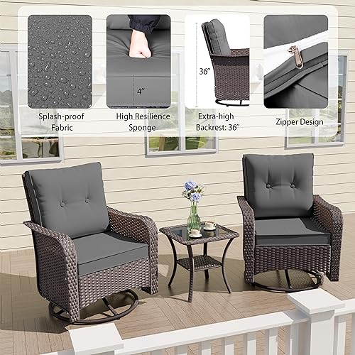 ALAULM Outdoor Swivel Rocking Chairs Set of 2 with 4”Thick Cushions and High Back, Wicker Patio Chairs w/Side Table for Patio, Porch, Poolside, Deck, Backyard, Garden-Grey - Image 4