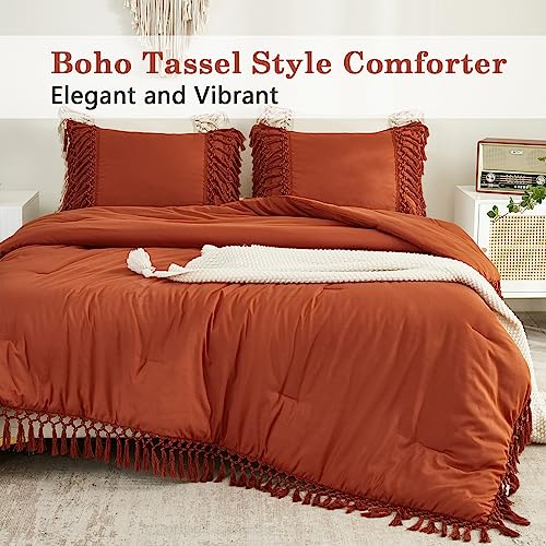 Image of Andency Comforter Full Size Set Burnt Orange, Boho Terracotta Lightweight Vintage Soft Bedding Comforter Sets, 3 Pieces Rust Bed Set (79x90In Comforter & 2 Pillowcases)