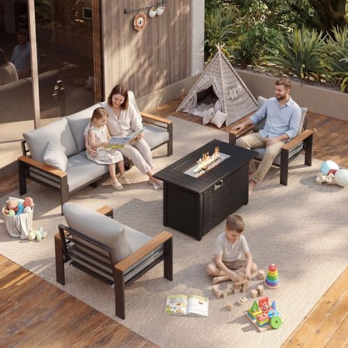 Image of Aoxun Patio Furniture Set, Aluminum Patio Set with Fire Pit Table and 5 inch Thicken & Washable Cushion, Waterproof Outdoor Furniture, Outdoor Couch Sectional for Backyard (5 Seats /F, Grey)