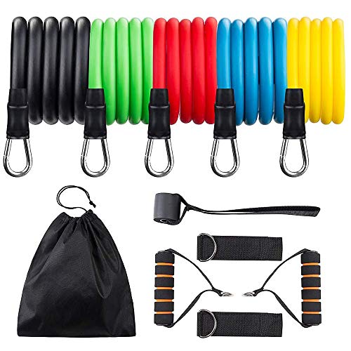 Afoskce Resistance Bands Set, 5 Stackable Exercise Bands with Door Anchor,2 Foam Handle, 2 Metal Foo Afoskce Resistance Bands Set, 5 Stackable Exercise Bands with Door Anchor,2 Foam Handle, 2 Metal Foo