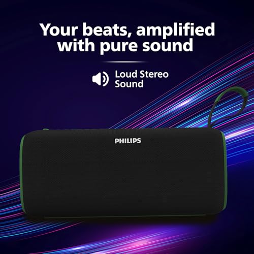 Image of PHILIPS Audio TAS2400GR Portable Bluetooth Speaker with Stereo Sound, 32W RMS, 2400mAh Rechargeable Battery, BT v5.3 Connectivity, IPX4 Waterproof, Supports TF /USB /BT Modes with Hanging Strap (Green)