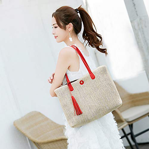 Bolso de Playa de Paja para Mujer Rojo miniatura 3