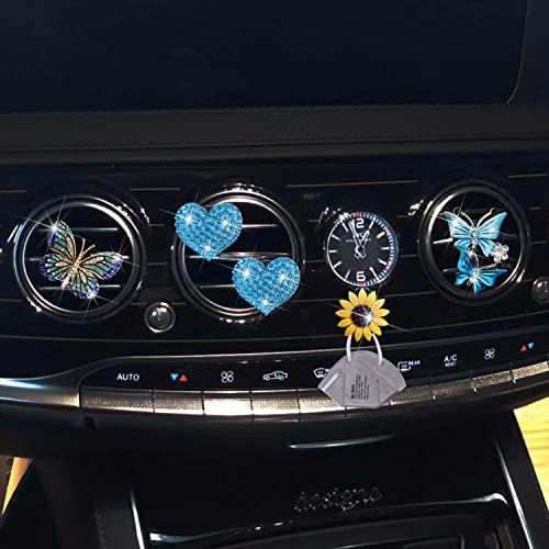 Image of Blue Butterfly & Heart Air Vent Clips, 4 Pcs Bling Butterfly Car Air Fresheners Vents Clips Car Diffuser Diamond Car Interior Decor Cute Car Accessories Car Decoration for Women +Sunflower Mask Hook