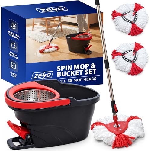 ZENO Mop And Bucket Set 2-In-1 | Spin Mop And Bucket Set with 3 Heads | Mops and Buckets Sets for Home | Spinning Mops for All Floors | 360 Foot Pedal | Adjustable Handle 85-123cm