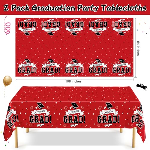 Image of 2 PCS Graduation Tablecloth, 108 inch X 54 inch Red Graduation Table Decorations 2026, Disposable Plastic Tablecover for Grad Decor Party Supplies, Rectangle Table Cover for Class 2026 Congrats Grad for Kids