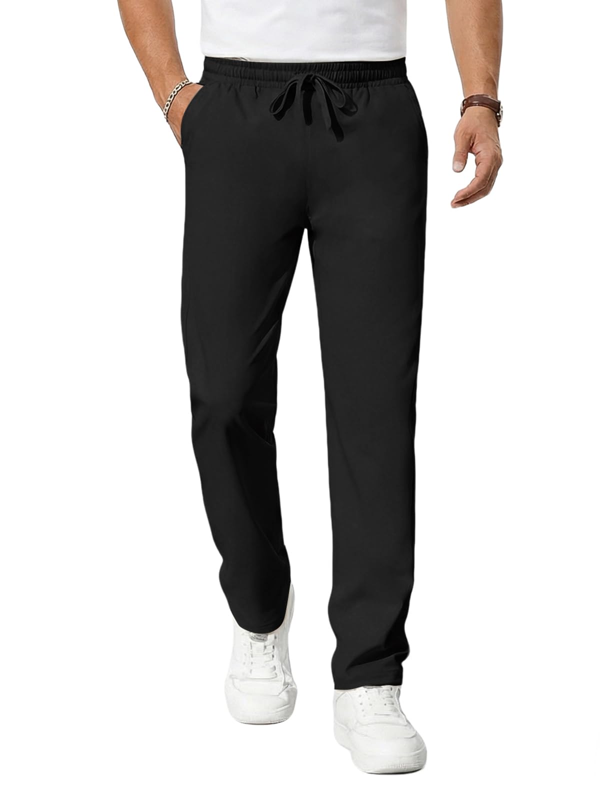 Mens Casual Pants Elastic Waist Drawstring Chinos Pants Tapered Twill Trousers with Pockets