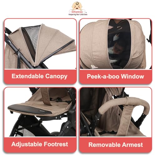 Image of Infantso GlideX Premium Baby Stroller / Pram, Reversible Handle, One-Hand Fold and 360 Rotating Wheels,, Travel Friendly, 5 Points Safety Harness, Extendable Canopy, Multilevel Recline, Adjustable Footrest, Easy Fold, Shock Absorption Wheels, for babies 0 to 3 years ( Khaki )