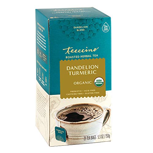 Teeccino Dandelion Tea  Turmeric  Rich & Roasted Super Herb Tea with Dandelion, Turmeric, Licorice & Ginger Roots for Detox & Immune Support, 25 Tea Bags