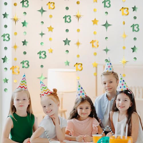 Image of Sage Green Gold 13th Birthday Decorations Number 13 Circle Dot Twinkle Star Garland Glitter Hanging Streamer Banner Backdrop Girls Boys Cheers to 13 Years Old Birthday Official Teenager Party Supplies