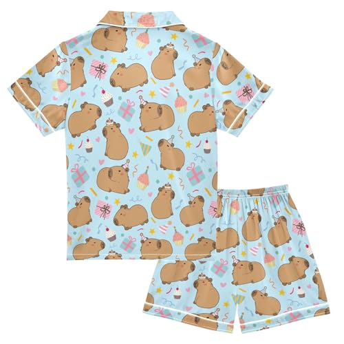 Cute Capybara Birthday Party Pattern Summer Satin Pajama Set, Cute Button-Down Sleepwear Pj Set for Sleep Wears2
