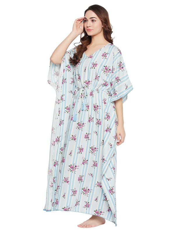 Caftan long en rayonne imprimé floral bleu Clovia tissu fluide et coupe ample