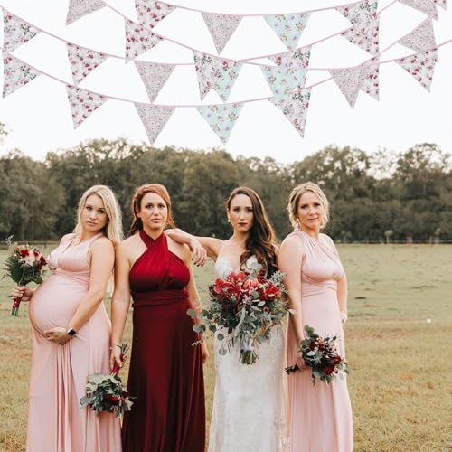 Image of Zwiebeco 32Ft Vintage Pink Blue Floral Fabric Bunting Triangle Flags Cotton Retro Flowers Pennant Banner Party Decorations for Birthday Wedding Engagement Spring Rustic Village Home Garden Decor