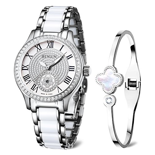Preisvergleich Produktbild BINLUN Damen Keramik Quarzuhr Wasserdicht Zweifarbige Armbanduhren für Damen mit Armband (Roségold und Silber)