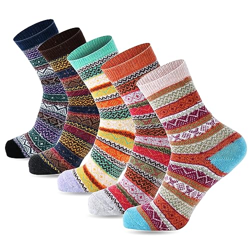 besky Wool Crew Socks, Fair Isle Pattern, Multicolor, Cotton Blend, Reinforced Comfort Design Winter Socks for Womens