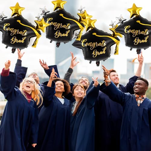 Image of 6 Pcs Graduation Cap Balloons, Large Academic Cap Shaped Black Mylar Graduation Foil Balloons, Grad Hat balloons for 2026 Graduation Party Decorations (Black Gold)
