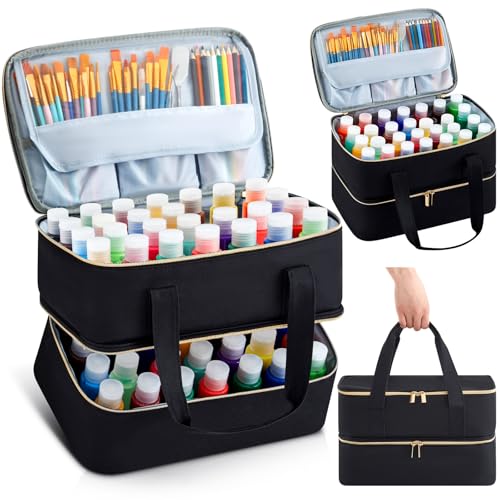 Abbylike Estojo organizador de tinta acrílica para até 64 frascos (60 g) bolsa de armazenamento de material de arte de camada dupla, estojo de armazenamento de tinta de álcool, estojo de transporte de