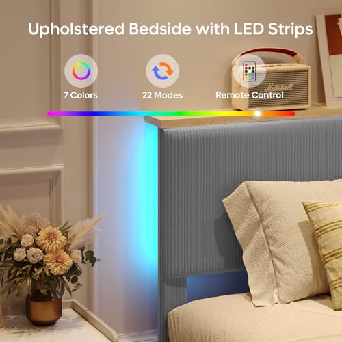 Image of Bestier Queen Size Bed Frame with Headboard Shelf & LED, Upholstered, Grey