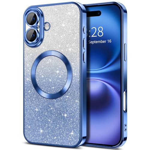 Hython for iPhone 16 Case Clear Magnetic Glitter Phone Cases [Compatible with MagSafe] Full Camera Lens Protector Slim Gradient Sparkle Luxury Plating Shockproof Protective Cover Women, Deep Blue -  HYHFJK16TMDDQCXYQDB