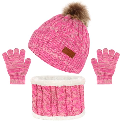 Image of Kids Hat Scarf Gloves Set, Kids Winter Beanie Hat Scarf Gloves Set with Knit Thick Warm Fleece Lined for 1-6 Years Old