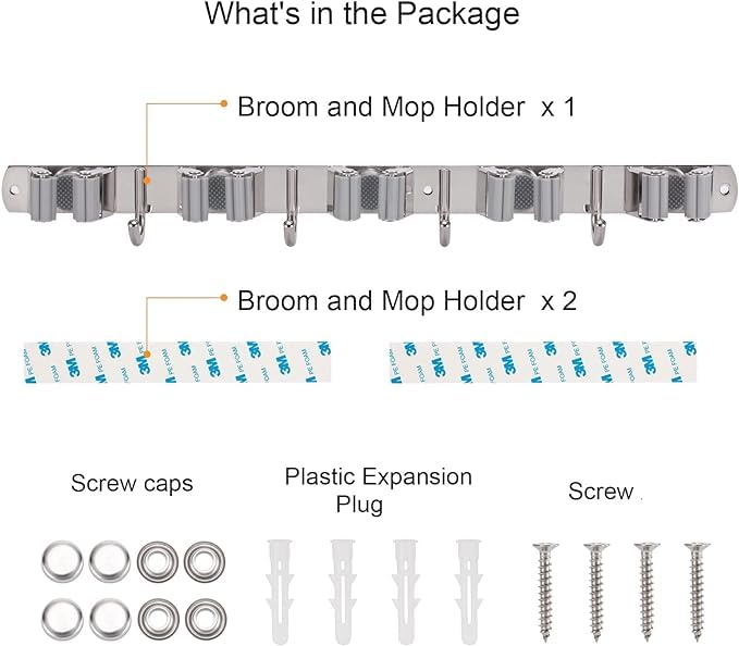 Tscrenhao Broom Holder Wall Mount Heavy Duty, Mop Holder with Hooks, Broom and Mop Organizer Wall Hanging Self Adhesive for Kitchen Garden Garage (5 Racks 4 Hooks)