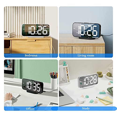 Smouping Digital Alarm Clock For Bedroom,6.7" Led Clock Mirror Surface With 2 Usb Charger Port,Adjustable Brightness,Dual Alarm,Snooze,12/24H,Large Display Clock For Room Decor(White) #TOP1