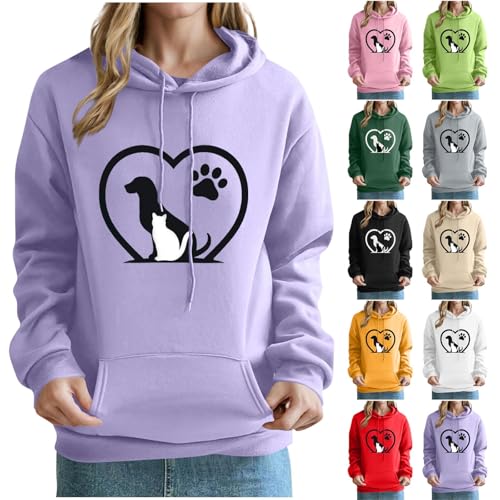 KOG Hoodie für Damen Baumwolle Sweatshirt mit Kapuze Hunde-Drucken Kapuzenpullover Warme Oberteile Hoodies Casual Oberteil Warmes Frau Fashion Oversize Kleidung Hooded Sweatshirt Lila S