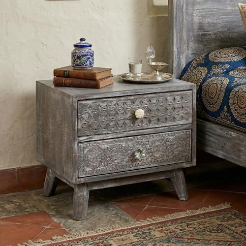 Image of Wooden Bedside Table for Bedroom with Drawers | Solid Wood Handcrafted Bed Side Table with Drawers | Side Table for Living Room | Traditional Rajasthani Art (Grey Distress)
