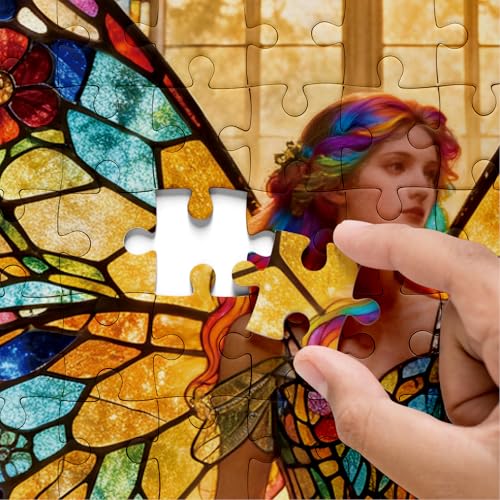 Rompecabezas de mosaico de vidrieras con hada, 1000 piezas para adultos, rompecabezas de rompecabezas fantásticos con alas coloridas, bosque de mariposas, ángel y arcoíris miniatura 4