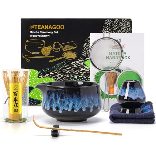 TEANAGOO Matcha Set, Matcha Besen, Matcha Schale with Ausgießer (Chawan), Junware-Blau, Matcha-Teeset für Frühstück/Latt...