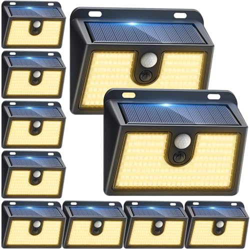 Image of [10 Packs] Solar Motion Sensor Outdoor Lights, Super Bright Solar Lights Outdoor Waterproof, 3 Lighting Modes Security Wall Light for Outside Walking Dog Fence Backyard Deck Garden Door Step Garage